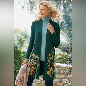 Soft Surroundings Dark Green Floral Rib Knit Open Long Cardigan Sweater Jacket